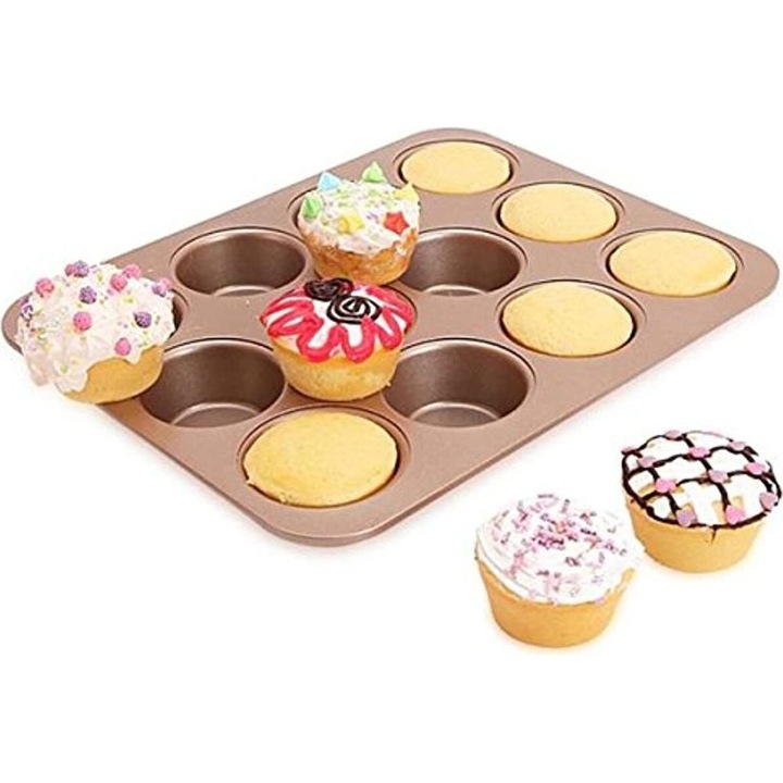 Muffin/sütemény tepsi 12 üreggel, élelmiszeripari szénacél, tapadásmentes bevonat a könnyű kioldásért, Arany, 32.5x25.8x3.1 cm, 1 db