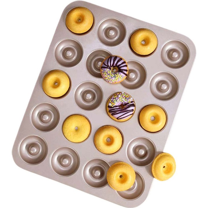 Mini fánk sütőforma, sütőtepsi, 20 üreges, tapadásmentes bevonattal, élelmiszeripari minőségű, robusztus, ezüst, 1 db
