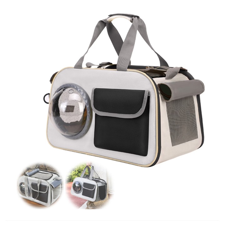Rucsac Transport Animale Mici cu Hublou, Yulinland, Pliabil, Impermeabil, Plasa respirabila, pentru Calatorii/Drumetii/Plimbari, pentru caini si pisici, maxim 16kg, 45x28x26 cm, Gri