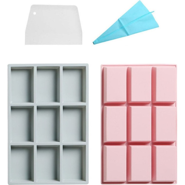 Set 2 bucati, tavi din silicon alimentare pentru prajituri, 9 cavitati dreptunghiulare, flexibile, rezistente la pete si mirosuri, 31x20.5x3 cm (cavitate 9x5.5x3 cm), roz/gri, include saculet pentru ornat si spatula