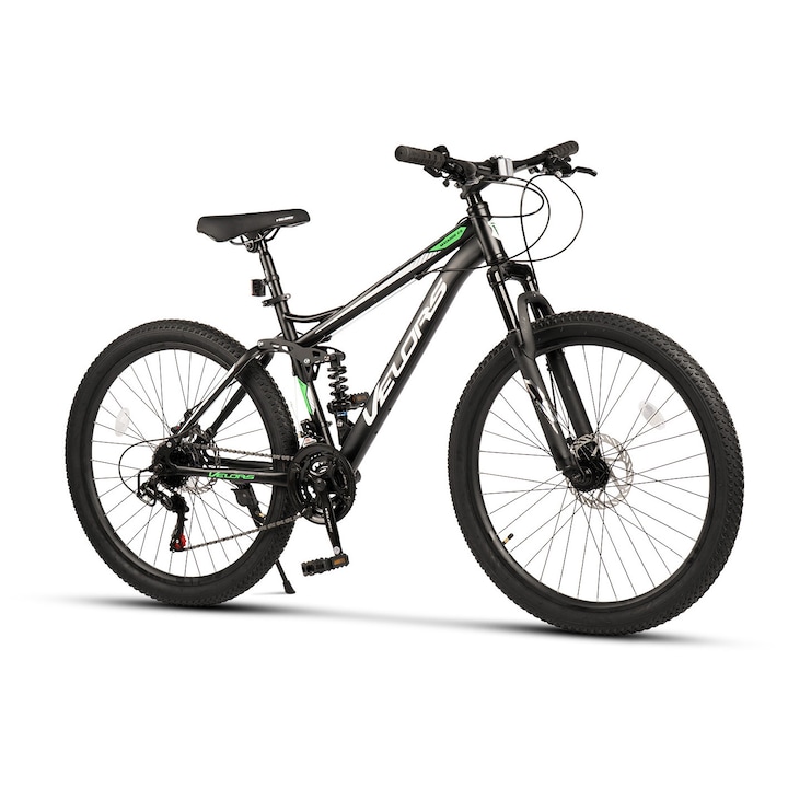 Bicicleta MTB de munte Velors Matador JSXV2660D, Shimano, manete secventiale, suspensie fata/spate Genius, roata 26 inch, frane pe disc, 21 viteze, negru cu verde