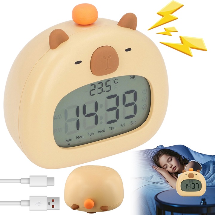 Дигитален будилник за деца, Juksun, във формата на пате, 800mAh/3.7V, презареждаем, регулируема яркост, за деца, преносима силиконова презареждаема лампа за декорация на спалня, множество функции, 12*11.2cm, жълт