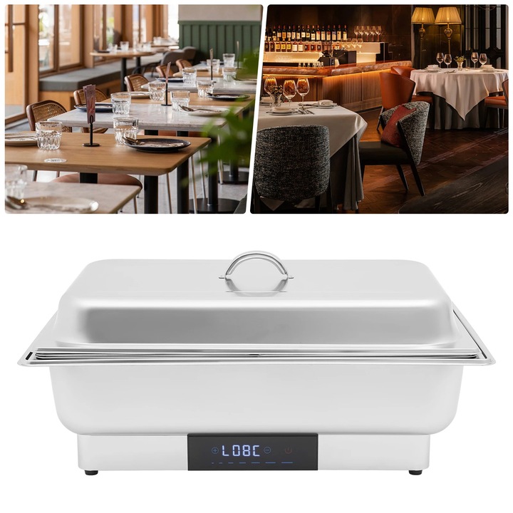 Incalzitor electric bufet mentinere la cald, Chafing dish, 3 tavi inox, 9L mare + 9L doua mici total, Placa de incalzire electrica, incalzire automata