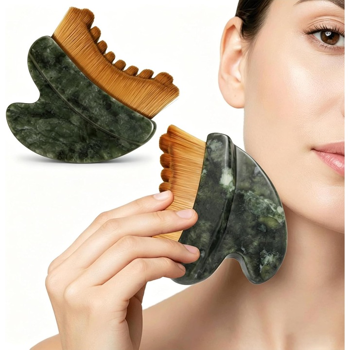 2 az 1-ben Extra Puha Arcmasszázs Limfatikus Kefe, Gua Sha Jade Kő Fogantyúval, Arckontúrozáshoz és Limfatikus Drenázshoz az Állkapocs és az Áll Formázásához, Nagyon Puha, Ergonomikus, Zöld