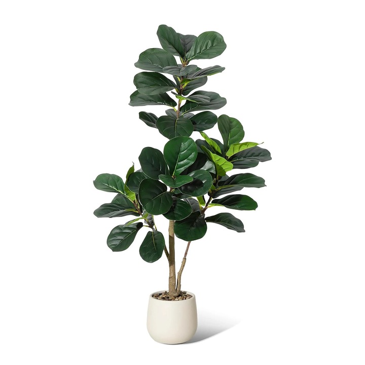 Ficus lyrata műnövény, Cserepes padlónövény, 150 cm, Szürke cserép mellékelve, Élethű levelek, Beltéri/kültéri használatra, Zöld