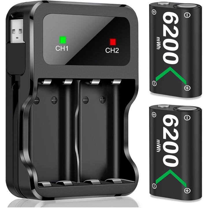 Set 2 acumulatori Xbox Ni-MH 6200mWh HELLCOOL + statie de incarcare duala USB-C, compatibili Xbox Series X/S, Xbox One S/X/Elite, baterii reincarcabile, indicator LED