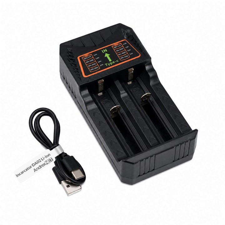 Incarcator AndrexNET DA02 pentru 2 acumulatori 18650 Li-Ion, conectare USB Type C, led-uri stare incarcare, negru