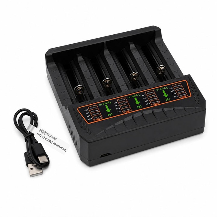 Incarcator AndrexNET DA04 pentru 4 acumulatori 18650 Li-Ion, conectare USB Type C, led-uri stare incarcare, negru