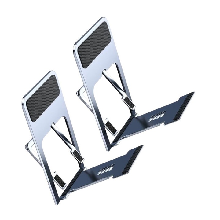 Set 2 standuri pentru telefon cu reglaj pe 4 unghiuri, constructie ABS si silicon, suport universal pentru birou si noptiera, argintii