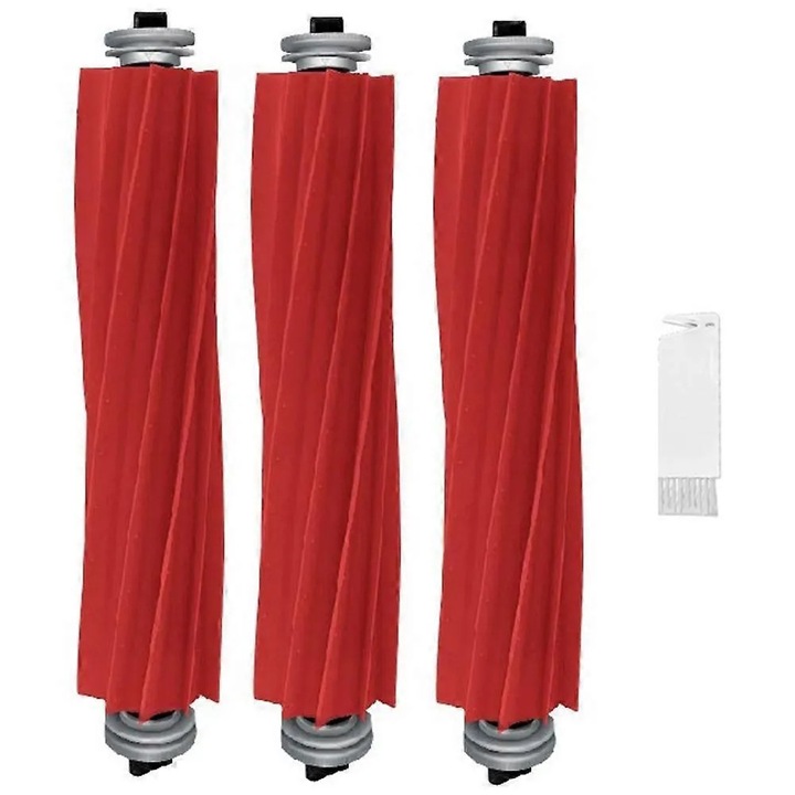 3 darabos készlet, Főkefe kompatibilis Roborock G10S/G10S PRO/S7 MaxV Ultra/S7/T7S/T7Plus/Q7 Max+/T8 modellekkel, tartós műanyagból, kompatibilis az eredeti felszereléssel, Piros, 3 x főkefe + 1 x tisztítókefe