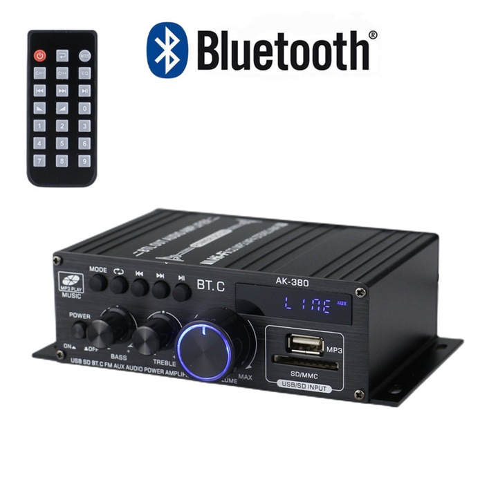 Мини Bluetooth стерео аудио усилвател с 2 канала, висока вярност, преносимо FM радио с вход за SD карта/USB, за домашен автомобилен високоговорител, бар парти