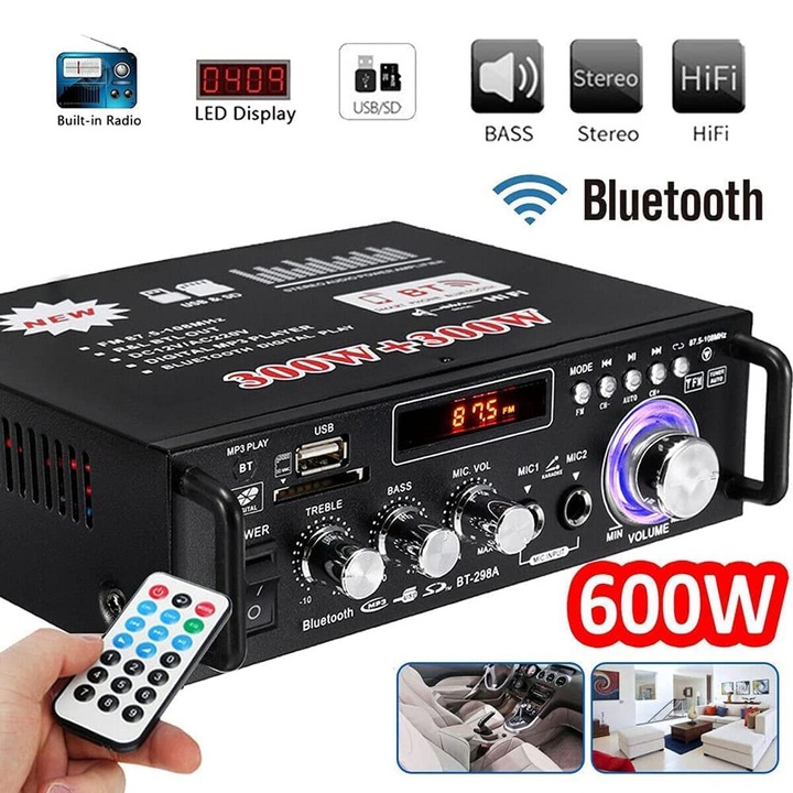 Mini HIFI erősítő Bluetooth 5.0 sztereó audio erősítő 12V 240V 600W 2 csatornás LCD nagy hűségű hordozható FM rádió SD/USB kártya bemenettel otthoni vagy autós használatra