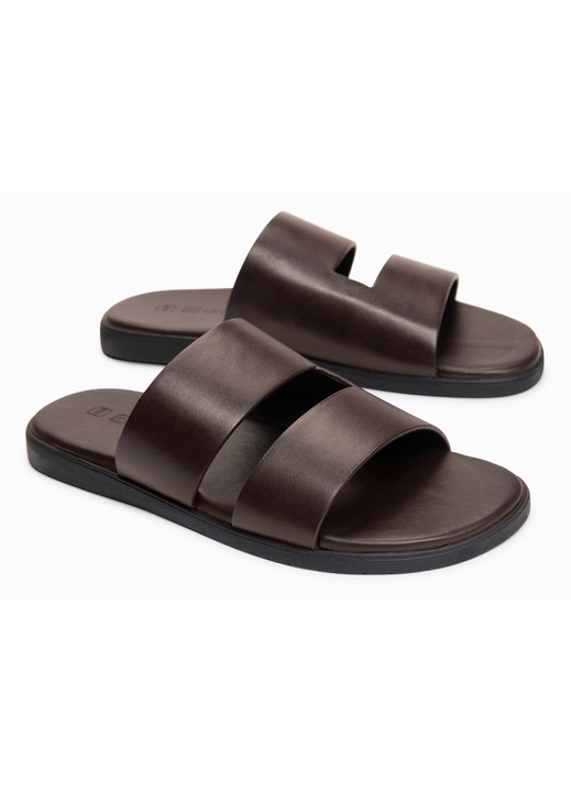 Slapi barbati din piele cu doua benzi late, confortabili si eleganti, Maro