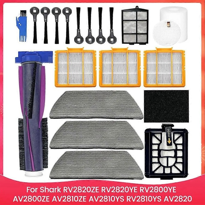 Комплект резервни части, съвместим с Shark RV2820ZE/RV2820YE/RV2800YE/AV2800ZE/AV2810ZE/AV2810YS/RV2810YS/UR2850YS/UR2850YEUS/UR2860YS/UR2860YEUS, 3 HEPA филтъра, самопочистваща се четка, 3 моп кърпи, 8 странични четки, предмоторен филтър, Многоцветен