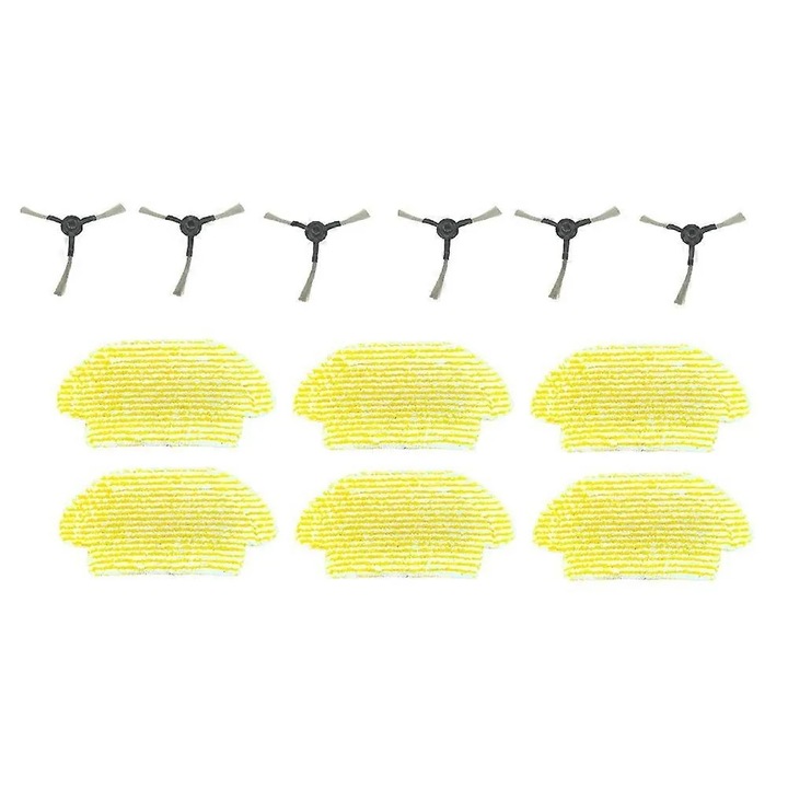 Set perii laterale si lavete pentru aspirator robot, compatibil cu Karcher RCV3, montare usoara, din plastic durabil, galben, 12 bucati