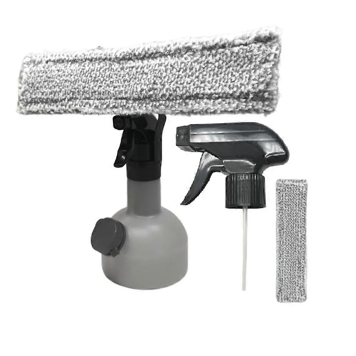 Set curatare geamuri, kit curatare ferestre compatibil Karcher WV1/WV2/WV3/WV5/WV7, flacon pulverizator ergonomic 350ml, duza de rezerva, 2 lavete microfibra, Gri/Negru, 1 set