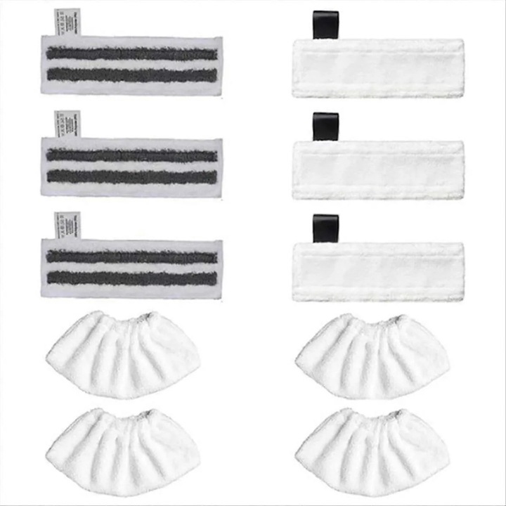 Set 10 bucati, lavete/paduri de schimb pentru mop cu abur compatibile cu Karcher EasyFix, microfibra ultra-fina, absorbante si abrazive, alb, 3x lavete abrazive, 3x lavete flanel, 4x huse frotir