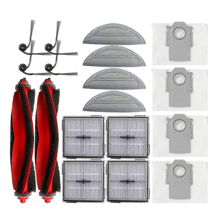18 darabos fogyóeszköz készlet Roborock Q10 S5/Q10 S5+/Q10V/Q10V+/Q10 VF/Q10 VF+ készülékhez, 2x főkefe, 4x oldalkefe, 4x HEPA szűrő, 4x felmosókendő, 4x porzsák, Többszínű