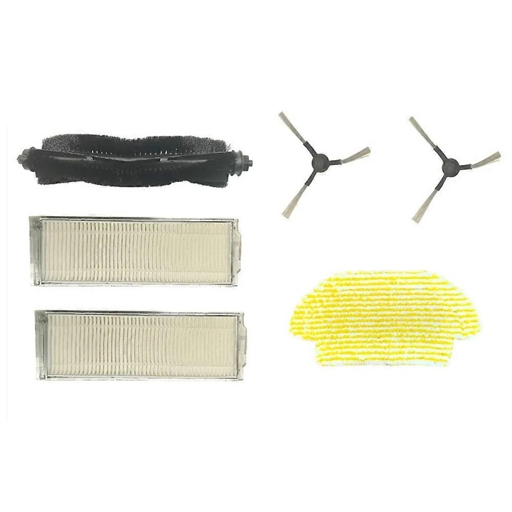 Set 6 piese accesorii aspirator RCV3, perie principala rotativa pentru toate tipurile de pardoseala, perii laterale pentru colturi, filtru HEPA, laveta mop, Multicolor