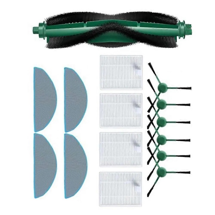 15 darabos cserealkatrész készlet iRobot Roomba 105/105 Combo/105 Combo+/104 Combo/Q052 készülékhez, minden felületre alkalmas főkefe, 6 oldalkefe, 4 HEPA szűrő, 4 felmosó kendő, Többszínű