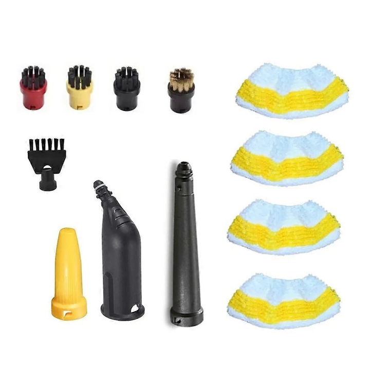 12 részes készlet, Kompatibilis tartozékok Karcher SC1/SC2/SC3/SC4/SC5 gőztisztítóhoz, kerek kefék és lapos kefe, fúvókák és mikroszálas huzatok, műanyag, Többszínű
