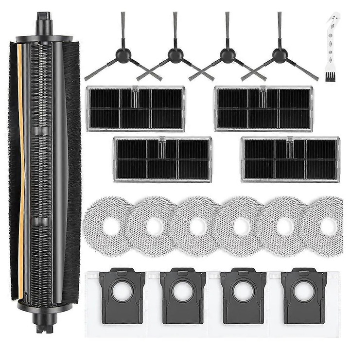 18 darabos készlet, kompatibilis kiegészítők Dreame L10s Ultra Gen 2/L10s Pro Ultra Heat/X30 Ultra/L40s Ultra AE/CE készülékekhez, forgó főkefe, 4 nylon oldalkefe, 4 HEPA szűrő aktív szénnel, 6 mikroszálas felmosókendő, 4 porzsák, Többszínű