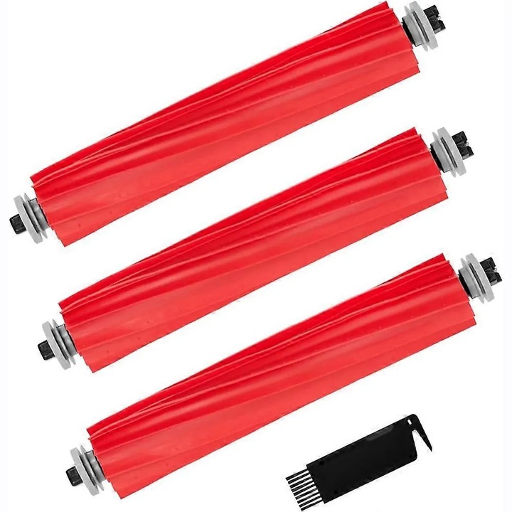3 darabos készlet, Roborock S7/S7 Max/S7 MaxV/S7 Pro/Q7 kompatibilis kefetekercs, úszó mechanizmussal, gubancolódásgátló gumiból, ideális állatszőrhöz, piros, 3 tekercs + 1 tisztítókefe
