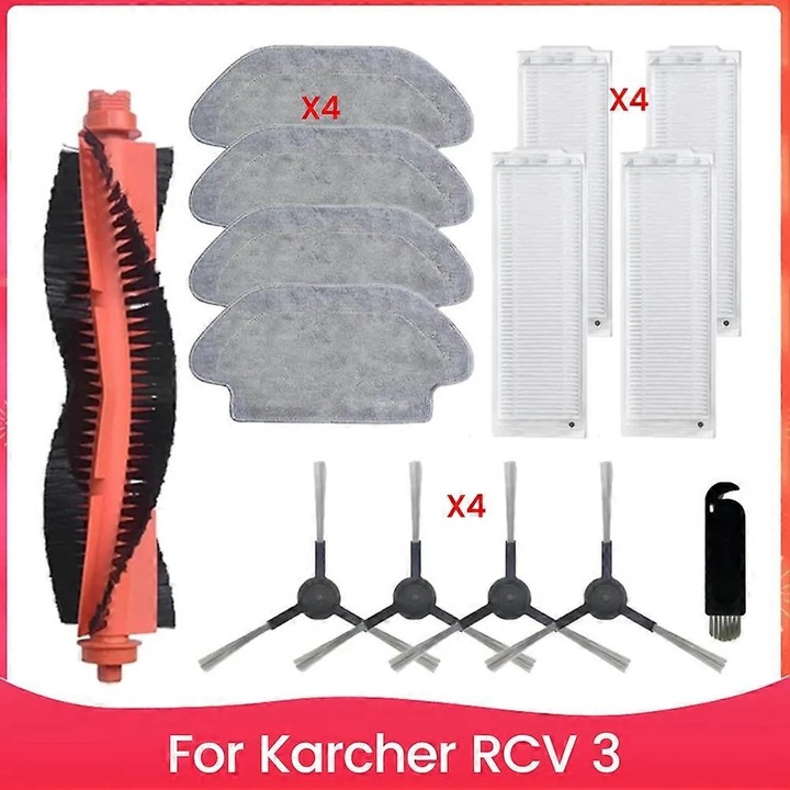 Karcher RCV 3 porszívó alkatrész készlet, 14 darab: fő kefe, 4 oldalkefe, 4 HEPA szűrő, 4 felmosó kendő, tisztító kefe, Többszínű