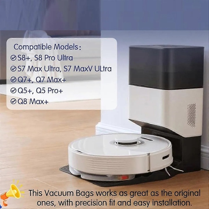 Porzsákok robotporszívóhoz, porzsákok kompatibilisek S8 Pro Ultra/S8+/S7 Max Ultra/S7 MaxV Ultra/Q5+/Q5 Pro+/Q8 Max+ modellekkel, 2,5 L kapacitás, hatékony 99,9%-os szűrés 0,3 µm-es részecskékre, nem szőtt anyagból, fehér, 16 darab