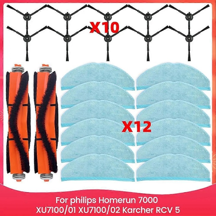 Set consumabile aspirator compatibil Philips Homerun 7000 XU7100/01 XU7100/02, Karcher RCV 5, role principale cu peri si talpi de cauciuc, perii laterale 3-brate, lavete mop lavabile, Multicolor, 2 role/10 perii/12 lavete