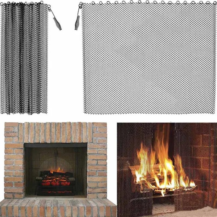 Ecran semineu 2 piese cu maner, plasa, negru, 61x45.7cm