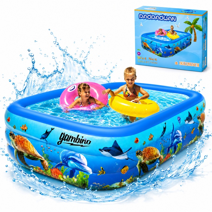 Piscina gonflabila GAMBINO 185 x 120 x 56 cm, dreptunghiulara, 3 inele, Model oceanic pentru adulti si pentru copii, PVC