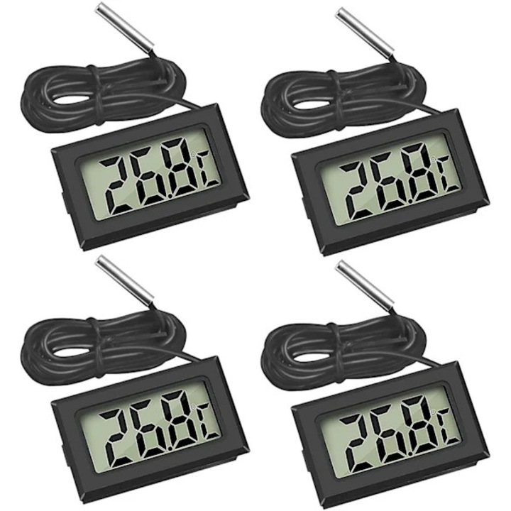 4 db LCD digitális hőmérő készlet külső érzékelővel, fekete