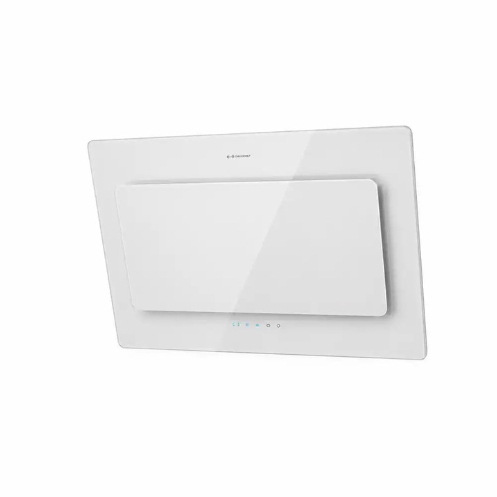 Hota decorativa premium GALVAMET, Blade, 754 m3/h, clasa A, latime 60 cm, mod recirculare/evacuare, iluminare LED, aspiratie perimetrala, 3 trepte viteza, functie Booster, panoul touchscreen, oprire automata, filtru anti-grasime, negru