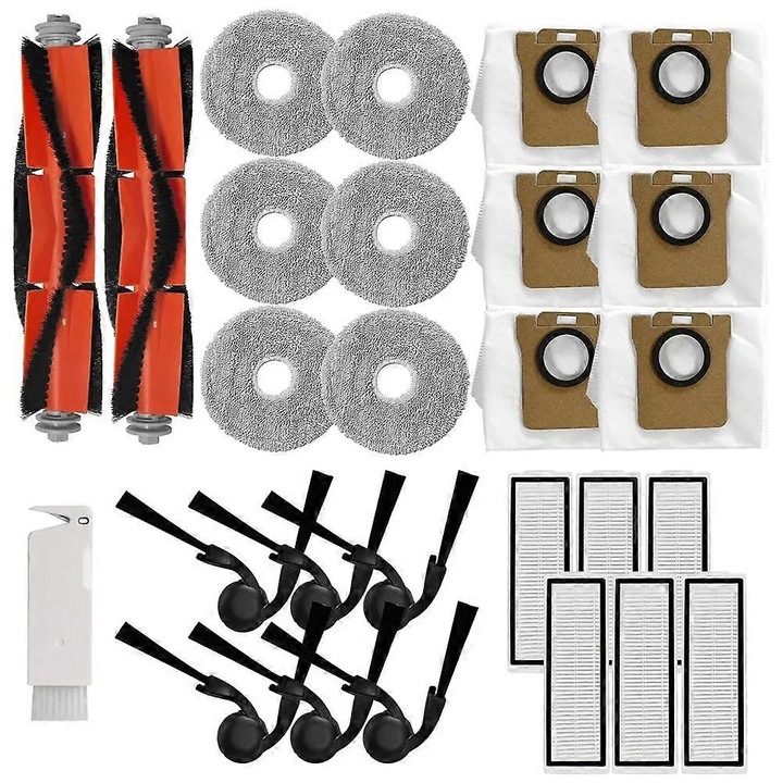Robotporszívó csere készlet, tartozékkészlet, kompatibilis Xiaomi Robot Vacuum 5/5 Pro, 2 fő kefe, 6 oldalkefe, 6 HEPA szűrő, 6 mikroszálas kendő, 6 porzsák, tisztítókefe, Többszínű