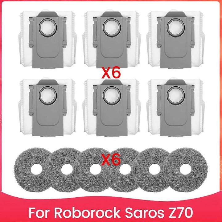 Set mopuri/lavete si saci de praf pentru Roborock Saros Z70, din material plastic, de inalta calitate, usor de inlocuit, alb/gri, 6 mopuri, 6 saci