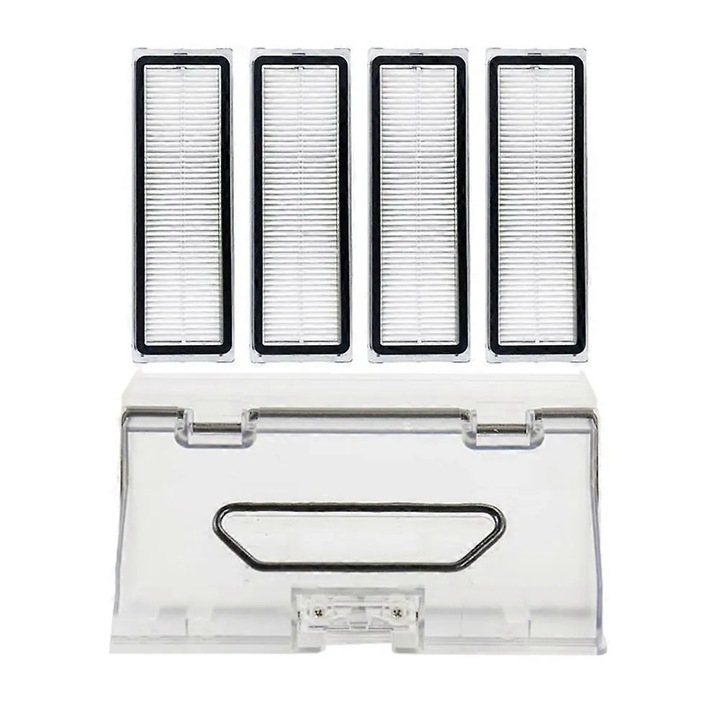 Set cutie colectare praf si filtre HEPA compatibil cu Xiaomi Mijia STYTJ06ZHM/Dreame Bot W10 Pro/W10, filtre HEPA lavabile si reutilizabile, din plastic, transparent, 1 cutie + 4 filtre
