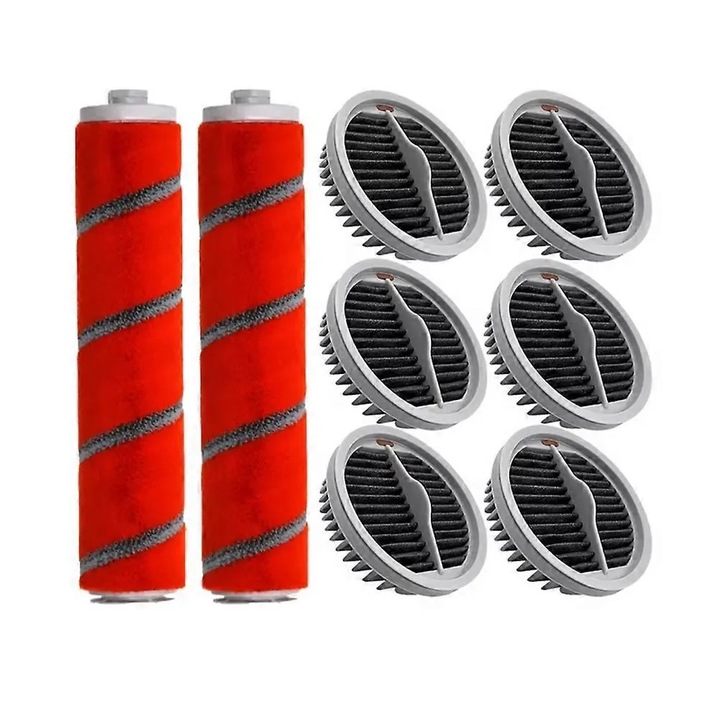 Комплект въртящи се четки и HEPA филтри, съвместими с Roidmi Xiaomi NEX X20 X30 S2 F8 Storm Pro, миещи се, пластмасови, червено/черно, 2 четки + 6 филтъра