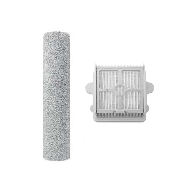 Set 2 piese, perie rotativa si filtru pentru Roborock F25/F25 ACE/F25 LT/F25 RT/F25 ACE Combo/F25 Combo/F25 ALT, perie moale cu peri grosi, filtru HEPA captura 99,97% pentru particule 0,3 µm, gri/alb