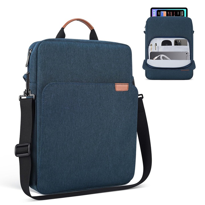 Husa laptop, BOMSTOM, Compatibil cu MacBook Pro M3/M2 14", 13.3-14 inch, cu curea de umar, compartimente pentru accesorii, 36x36x5cm, Albastru Marin