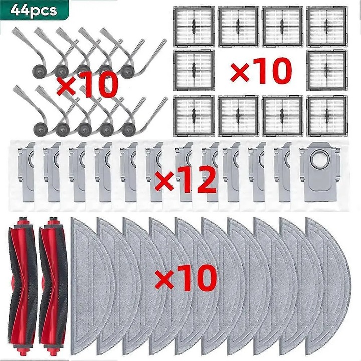 Alkatrész készlet Roborock Q10 S5/S5+/Q10V/Q10V+/Q10 VF/Q10 VF+ készülékhez, 2 fő kefe, 10 oldalkefe, 10 HEPA szűrő, 10 felmosó kendő, 12 porzsák, műanyag, Többszínű, 44 darab