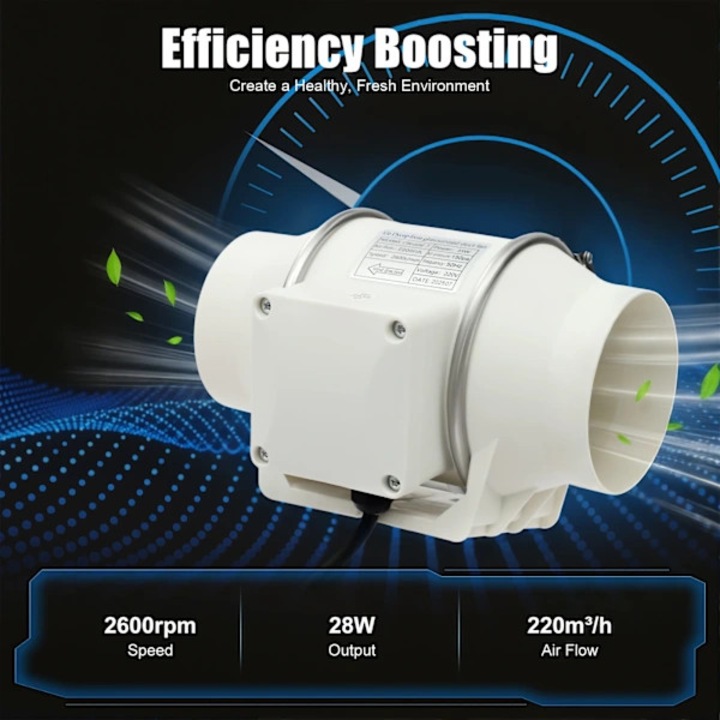 Вентилатор за тръбопровод 28W, вграден вентилатор, 220 m³/h дебит, 2600 rpm, за индустриална и домашна вентилация, Бял, 1 бр