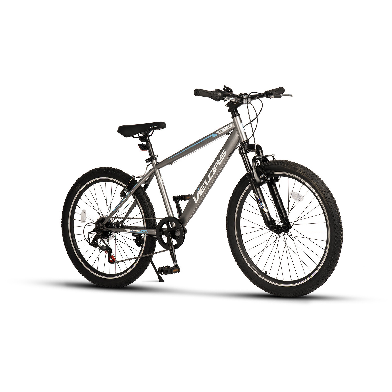 Bicicleta MTB de munte Velors Neptune JSXV24215A ", Suspensie fata, roata 24 inch, Maneta Rotativa, Frane V-Brake, 7 Viteze, gri/alb/albastru