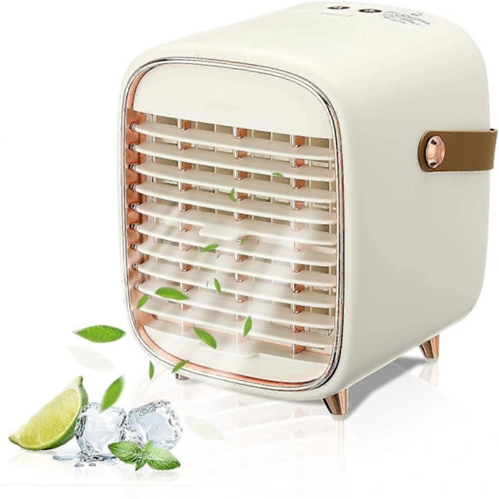 Racitor de aer portabil, mini aer conditionat, cu 3 viteze, cu atomizare si pulverizare, timer, pentru birou, dormitor, bucatarie, alb/auriu, 1 buc