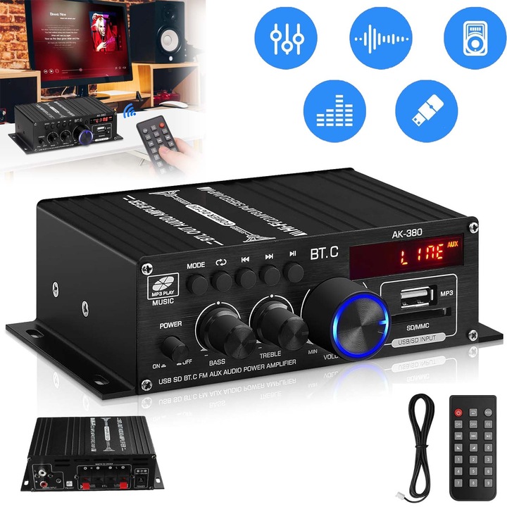 Mini audio teljesítményerősítő, 2.0 csatornás 40W, 12V, távirányítóval, professzionális audio, kompatibilis 4-16Ω hangszórókkal, erősítő teljesítmény, alumíniumötvözet, Bluetooth, USB, SD, FM, távirányítóval, hi-fi erősítő otthoni és autós használatra