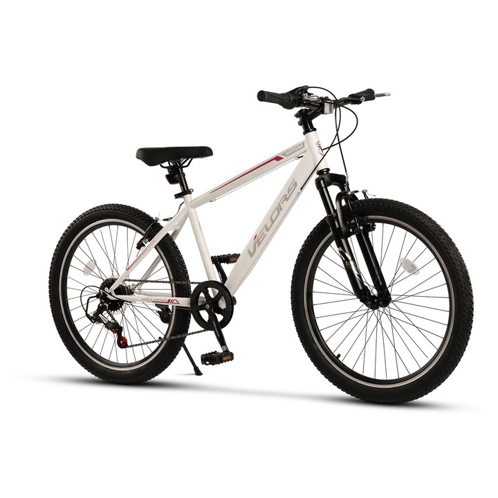 Bicicleta MTB de munte Velors Neptune JSXV24215A ", Suspensie fata, roata 24 inch, Maneta Rotativa, Frane V-Brake, 7 Viteze, alb/mov/gri