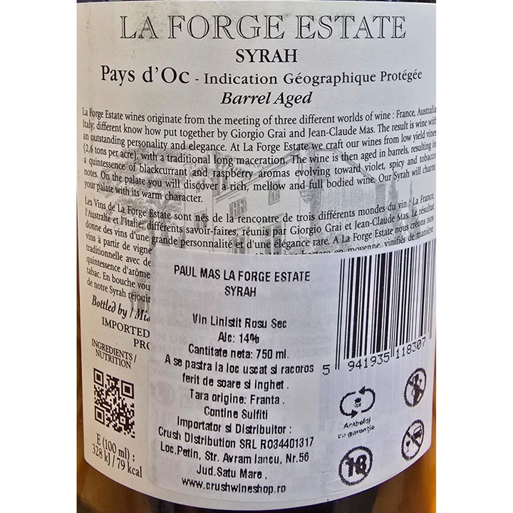Vin Rosu Paul Mas, La Forge Estate, Syrah, Sec, 0.75l