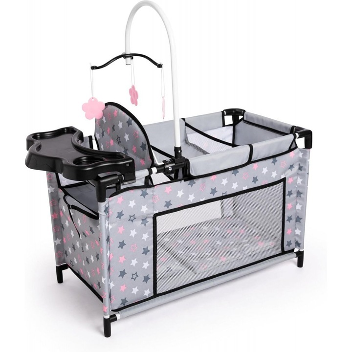 Patut multifunctional 2in1 de calatorie pentru papusi Bayer Grey, scaun de masa incorporat cu masuta, carusel cu jucarii, masuta de infasat, plapumioara si pernuta incluse, pentru papusi de pana la 46cm