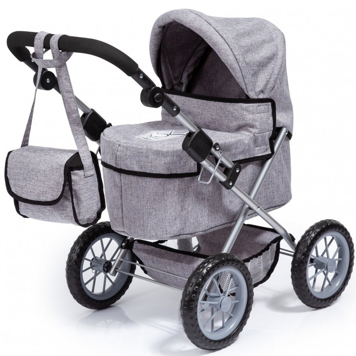 Carucior pliabil pentru papusi tip landou Bayer Trendy Gri cu maner reglabil pana la 68cm, gentuta de umar si husa picioare incluse, roti rezistente, cadru metalic, dimensiune 67x41x68 cm