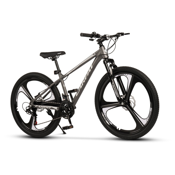 Bicicleta Mtb de munte Carpat Evolution JSXV26313M, cadru din Aluminiu cu cabluri integrate, echipare Shimano, suspensie fata, roata 26 inch din magneziu, frana disc fata/spate, 21 viteze, gri cu argintiu